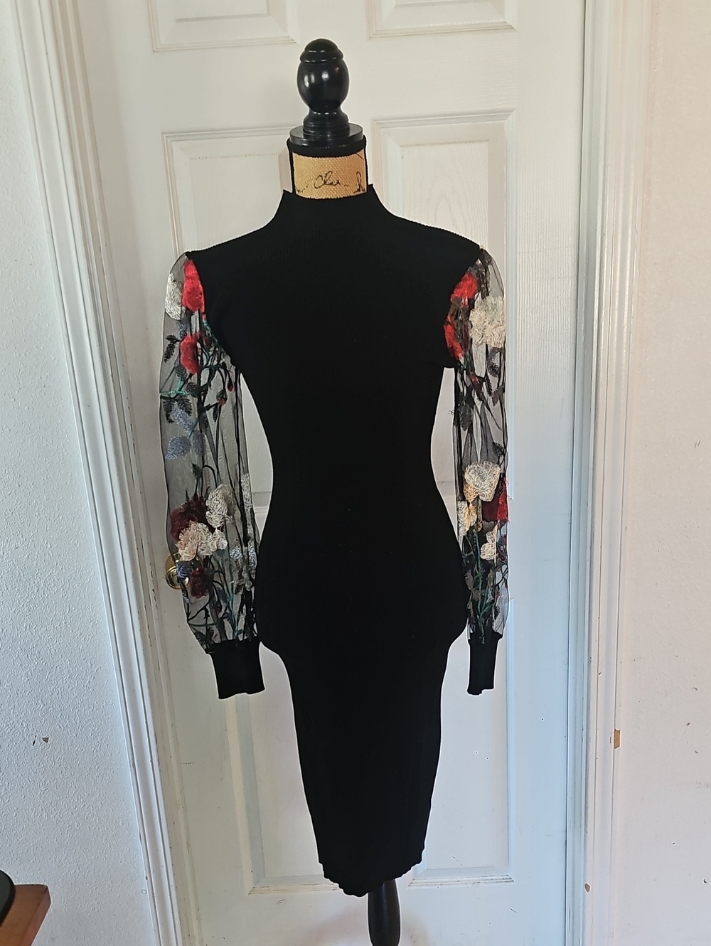 Almost Famous Black Midi Dress with Embroidered Sheer Floral Sleeves